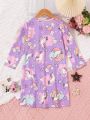 Little Girl's Cute Unicorn Printed Pattern Purple Loose Casual Nightgown One Piece Home Wear