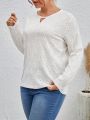 SHEIN Frenchy Hollow Out Embroidery Pure Color Plus Size Shirt With Keyhole Collar