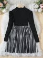 SHEIN Tween Girl Houndstooth Print Mock Neck Puff Sleeve Dress