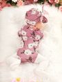 SHEIN Newborn Baby Girls' Floral Printed Long Sleeve Bodysuit With Ruffled Shoulder & Large Bow Headband Set