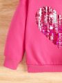 Girls' Casual Heart Shaped Glitter Details Long Sleeve Sweatshirt With Round Neck For Fall And Winter