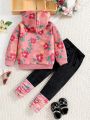 SHEIN Kids EVRYDAY Girls' Flower Printed Hoodie And Leggings Set, Toddler