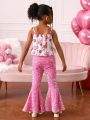 SHEIN Kids Cooltwn Toddler Girls' Sweet And Cool Style Sunflower Print Tank Top With Glitter Flare Leg Pants For Daily Wear