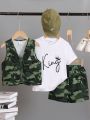 SHEIN Kids EVRYDAY 3pcs/Set Young Boys' Street Style Round Neck Letter Print Short Sleeve T-Shirt, Camo Vest With Multiple Pockets, And Camo Shorts, Suitable For Summer