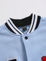 Men Letter & Heart Patched Striped Trim Varsity Jacket