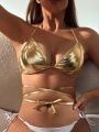 SHEIN Swim Y2GLAM Women's Metallic Fabric Halter Neck Bikini Top