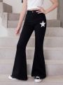 Girls' (Big) New Style Casual Fashionable All-Match Slimming Star Pattern Washed Denim Bell-Bottoms