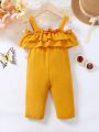 Baby Girl Casual Solid Color Off-Shoulder Jumpsuit With Ruffle Hem For Spring