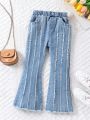 Girls' Y2k Style Trendy Street Cool Elastic High Waist Light Blue Washed Jeans With Frayed Hem And Split Detail