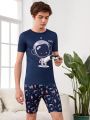 Teenage Boys' Fun Astronaut Pattern Short Sleeve T-Shirt And Shorts 2pcs Homewear Set