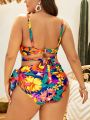 SHEIN Swim Vcay Plus Size Women'S Tropical Plant Printed Swimsuit Set