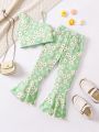 SHEIN Kids Y2Kool Little Girls' Asymmetric Collar Floral Print Sleeveless Top And Flared Pants Set