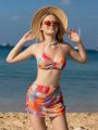 Teen Girls' Colorful Block Collision Three-Piece Swimsuit Set