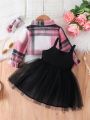 Baby Girls' Butterfly Detail Mesh Spaghetti Strap Dress + Plaid Jacket With Fold-over Collar Set