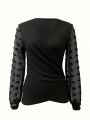 Plus Size Women's Wrap Front Mesh Splicing Long Sleeve Top