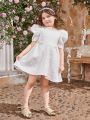 SHEIN Kids FANZEY Little Girls' Round Neck Floral Jacquard Dress With Faux Pearl Belt And Lace Trim