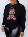 Plus Bear Print Drop Shoulder Thermal Sweatshirt