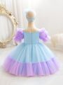 Young Girl Sequin Insert Puff Sleeve Mesh Hem Gown Dress & Headband