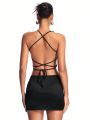 SHEIN BAE Black Butterfly & Rhinestone Chain Trimmed Cross Back Crop Top And Mini Skirt Set, Perfect For Music Festival, Nightclub, Party And Date Night