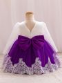 Baby Girls' Round Neck Lavender Formal Dress With Bowknot, Lace & Ruffle Detail