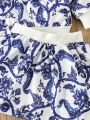 2pcs/set Baby Girls' Blue Floral Printed Sweatshirt And Skirt Set, Autumn And Winter