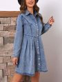 SHEIN LUNE Ladies' Button-front Folded & Pleated Denim Dress