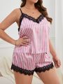 SHEIN Plus Striped Print Lace Trim Satin Cami Top & Shorts PJ Set