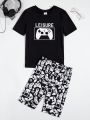 SHEIN Teen Boy Casual Comfortable Gaming Console & Letter Pattern Short Sleeve Top With Shorts Homewear Set