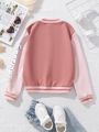 SHEIN Big Girls' Letter Patch Contrast Color Baseball Jacket