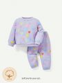 Cozy Cub Baby Girls' Heart Pattern Round Neck Drop Shoulder Sweatshirt And Pants Set