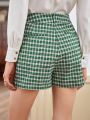 Anewsta Women's Green Plaid High Waist Crisscross Short Pants