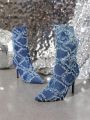 Styleloop Plaid Lined Denim Mid-heel Mid-calf Boots, A Fashionable And Trendy Option