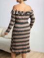 SHEIN Privé Lace Trimmed Striped Plus Size Bodycon Off Shoulder Dress For Women