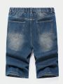 SHEIN SHEIN Teen Boys' Casual Ripped Frayed Straight Leg Vintage Washed Blue Denim Jeans Shorts , For Summer Teen Boy Outfits