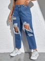 Plus High Waist Ripped Cut Out Jeans