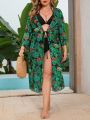 SHEIN Swim Vcay Plus Size Women's Botanical Print Obi Belted Kimono Dress