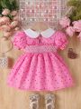 Baby Girl'S Floral Embroidered Doll Collar Heart Printed Dress