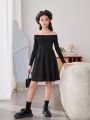 SHEIN Kids HYPEME Tween Girls' Sporty Knit & Jacquard Patchwork Off Shoulder Long Sleeve Sweater Dress