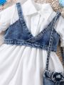 Baby Girl'S Denim Suspender And Puff Sleeve Dress Suit