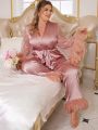 Plus Size Patchwork Mesh Heart Print Flare Sleeve Belted Pajama Set