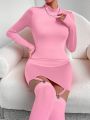 SHEIN Privé Solid Color Stand Collar Bodycon Long Sleeve Dress