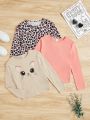 SHEIN Kids QTFun Big Girls' 3pcs Knitted Leopard & Cartoon Print Round Neck Casual T-shirt Set