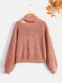 SHEIN Girls' Solid Color Casual Loose Fit High Neck Hollow Knit Sweater