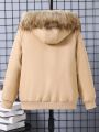 SHEIN Kids SPRTY Boys' (big) Teddy Fleece Lining Fur Collar Patchwork Hooded Jacket