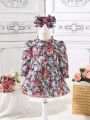 Baby Girls' Floral Ruffled Hem Dress With Hairband