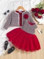 SHEIN SHEIN 2pcs Baby Girls' Woolen Coat And Sleeveless Mesh 
 New Year Dress Set