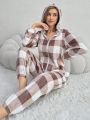 Women's Zip-up Plush Plaid Pattern Sleepwear Jumpsuit