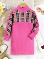 SHEIN Kids FANZEY Young Girl Plaid Print Mock Neck Dress