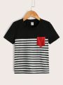 SHEIN Kids EVRYDAY Toddler Boys' Casual Striped Patchwork T-Shirt