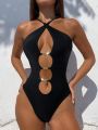 SHEIN Swim BAE Ladies' Hollow Out Cross Over Neck One Piece Chain Necklace